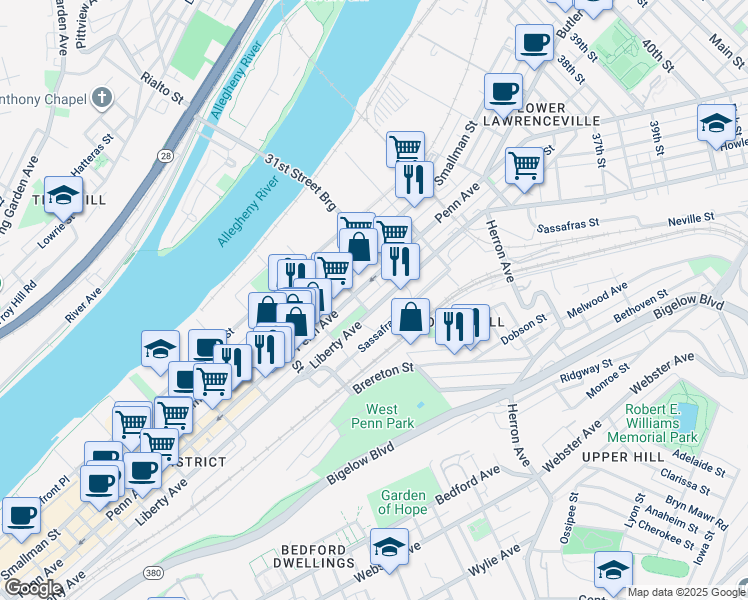 map of restaurants, bars, coffee shops, grocery stores, and more near in Pittsburgh