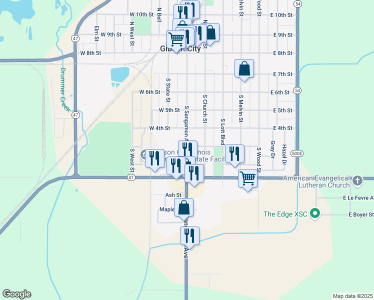map of restaurants, bars, coffee shops, grocery stores, and more near 618 South Sangamon Avenue in Gibson City
