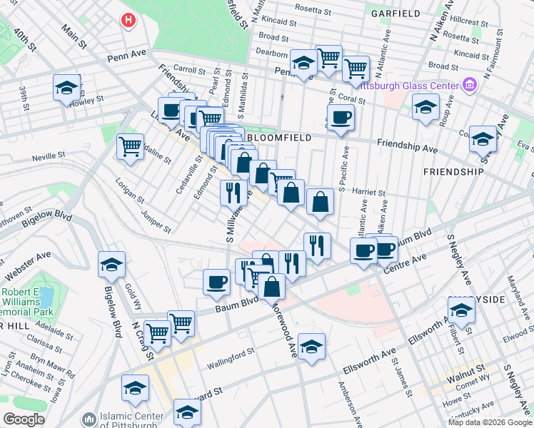 map of restaurants, bars, coffee shops, grocery stores, and more near 5013 Cypress Street in Pittsburgh