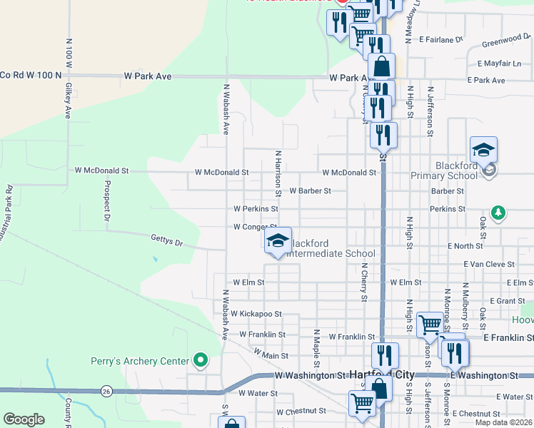 map of restaurants, bars, coffee shops, grocery stores, and more near 801-899 West Conger Street in Hartford City