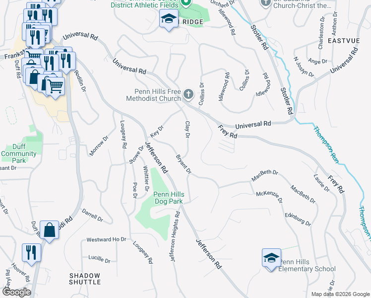 map of restaurants, bars, coffee shops, grocery stores, and more near 108 Clay Drive in Pittsburgh