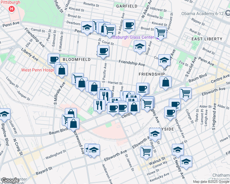 map of restaurants, bars, coffee shops, grocery stores, and more near 459 South Atlantic Avenue in Pittsburgh
