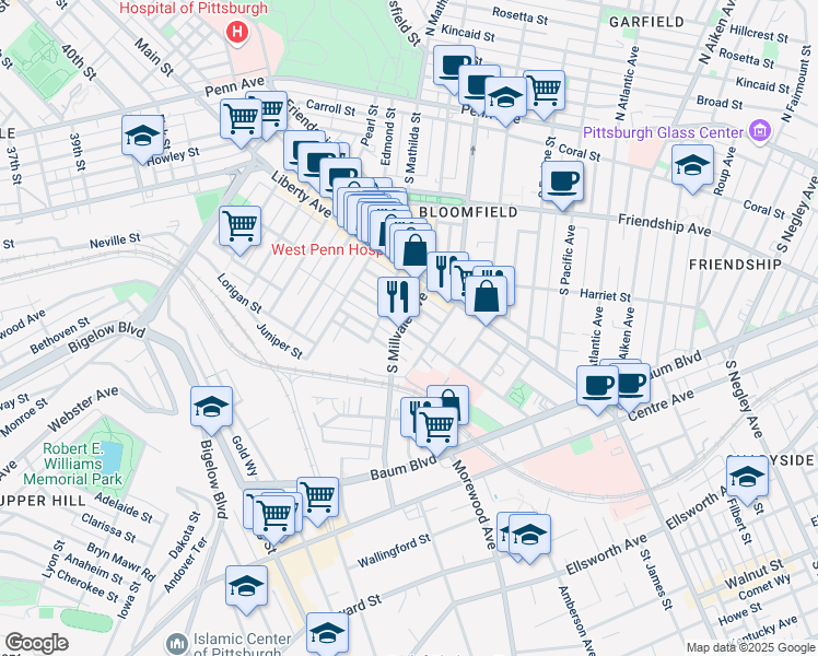 map of restaurants, bars, coffee shops, grocery stores, and more near 4921 Yew Street in Pittsburgh