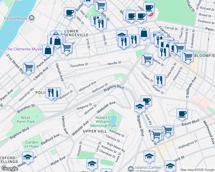 map of restaurants, bars, coffee shops, grocery stores, and more near 3532 Ridgway Street in Pittsburgh