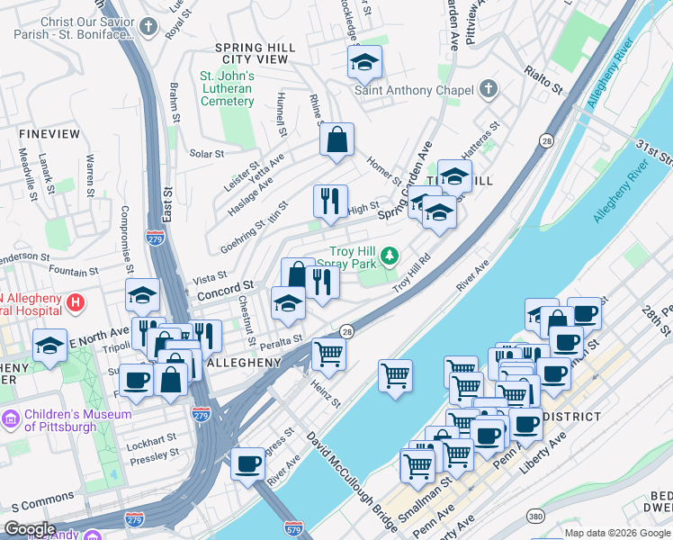 map of restaurants, bars, coffee shops, grocery stores, and more near 1135 Goettmann Street in Pittsburgh