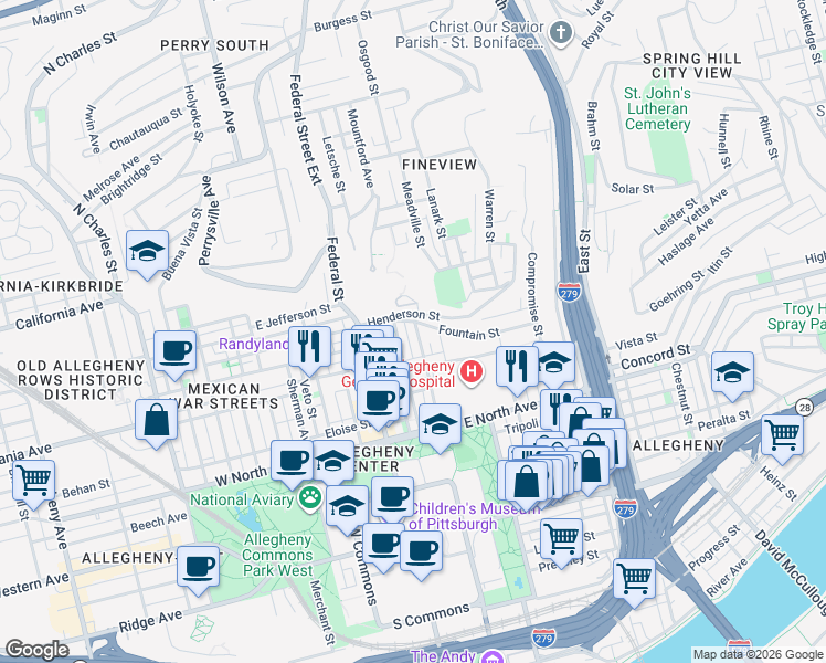 map of restaurants, bars, coffee shops, grocery stores, and more near 1415 Sandusky Street in Pittsburgh
