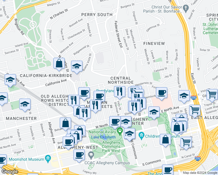 map of restaurants, bars, coffee shops, grocery stores, and more near 255 Alpine Avenue in Pittsburgh