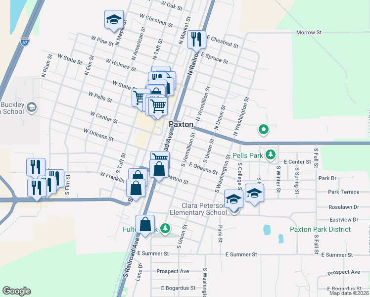 map of restaurants, bars, coffee shops, grocery stores, and more near 255 East Orleans Street in Paxton