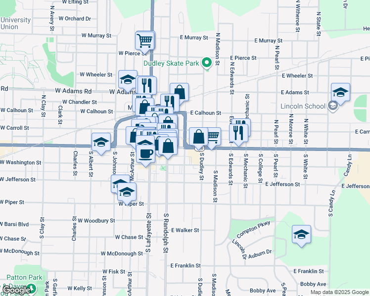 map of restaurants, bars, coffee shops, grocery stores, and more near 100 South Campbell Street in Macomb