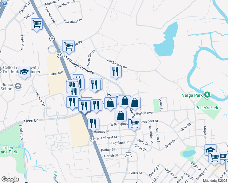 map of restaurants, bars, coffee shops, grocery stores, and more near 527 Old Bridge Turnpike in East Brunswick