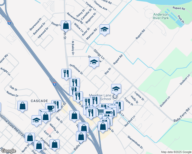 map of restaurants, bars, coffee shops, grocery stores, and more near 2785 Sandstone Drive in Anderson