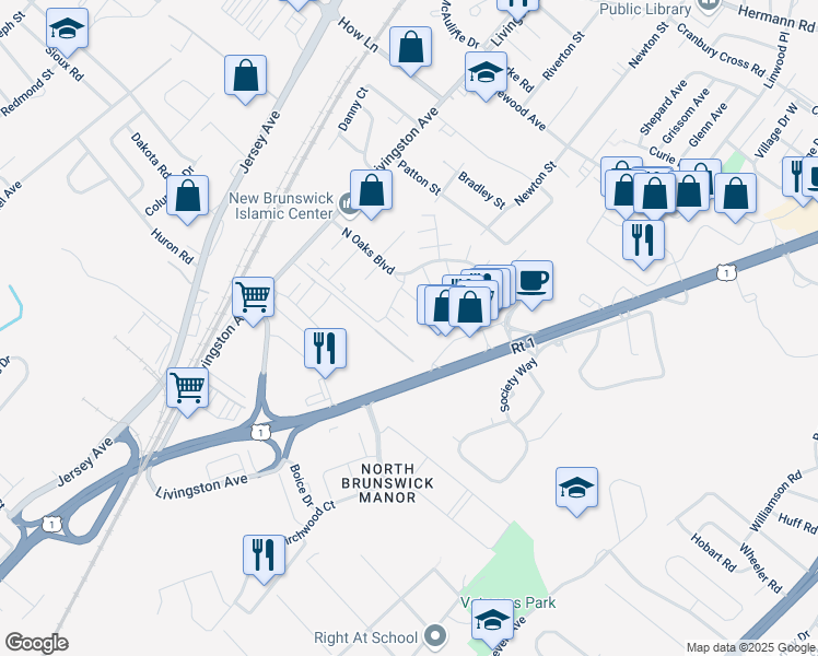 map of restaurants, bars, coffee shops, grocery stores, and more near 2803 North Oaks Boulevard in North Brunswick Township