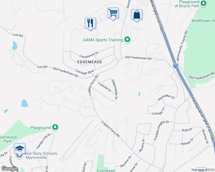 map of restaurants, bars, coffee shops, grocery stores, and more near 169 Edgemeade Drive in Monroeville
