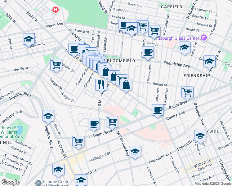 map of restaurants, bars, coffee shops, grocery stores, and more near in Pittsburgh