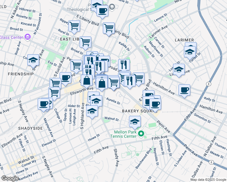 map of restaurants, bars, coffee shops, grocery stores, and more near Melmore Way in Pittsburgh