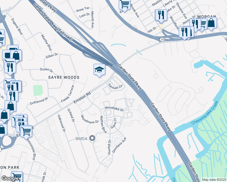 map of restaurants, bars, coffee shops, grocery stores, and more near Pointe of Woods Drive North in Sayreville