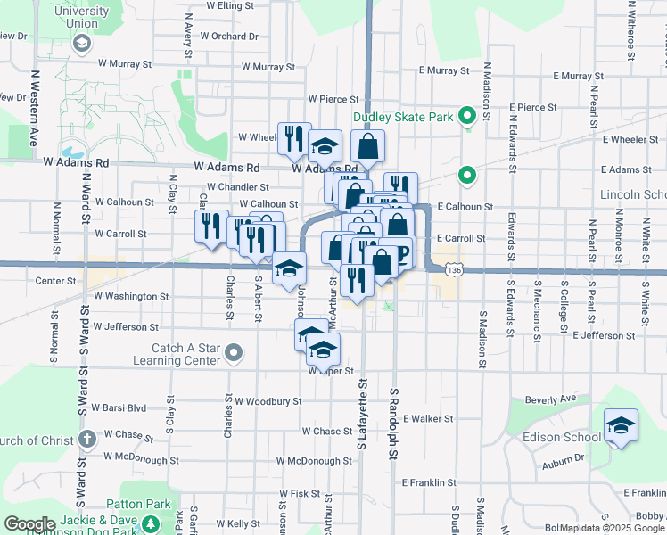 map of restaurants, bars, coffee shops, grocery stores, and more near 100 North McArthur Street in Macomb
