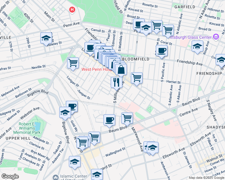 map of restaurants, bars, coffee shops, grocery stores, and more near 4780 Cypress Street in Pittsburgh
