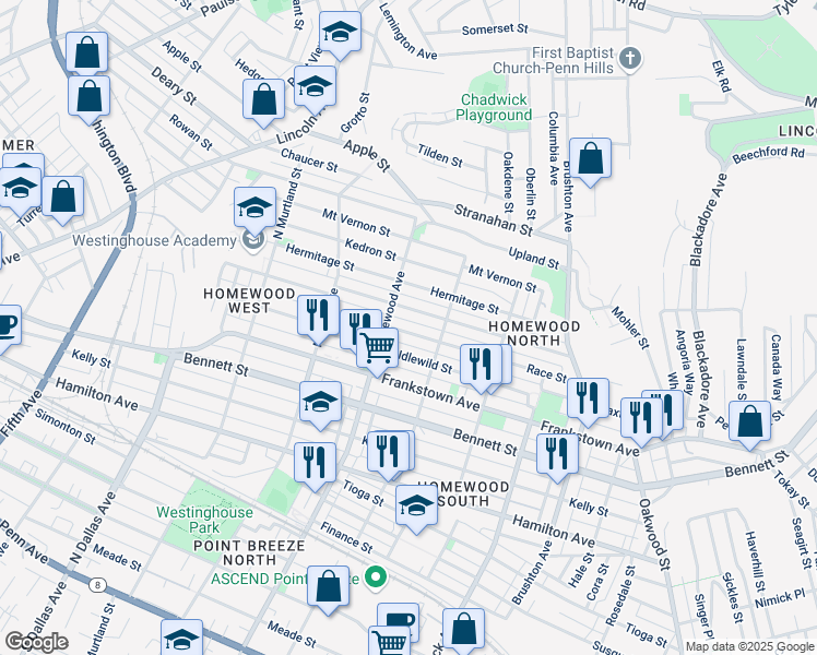 map of restaurants, bars, coffee shops, grocery stores, and more near 7217 Monticello Street in Pittsburgh