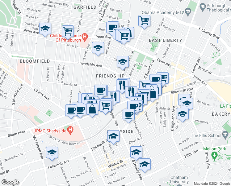 map of restaurants, bars, coffee shops, grocery stores, and more near 358 South Negley Avenue in Pittsburgh