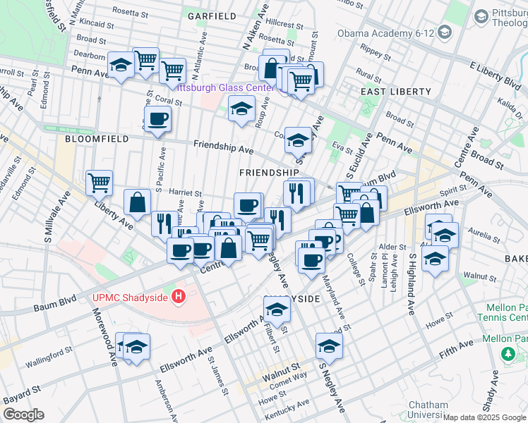 map of restaurants, bars, coffee shops, grocery stores, and more near 375 South Fairmount Street in Pittsburgh