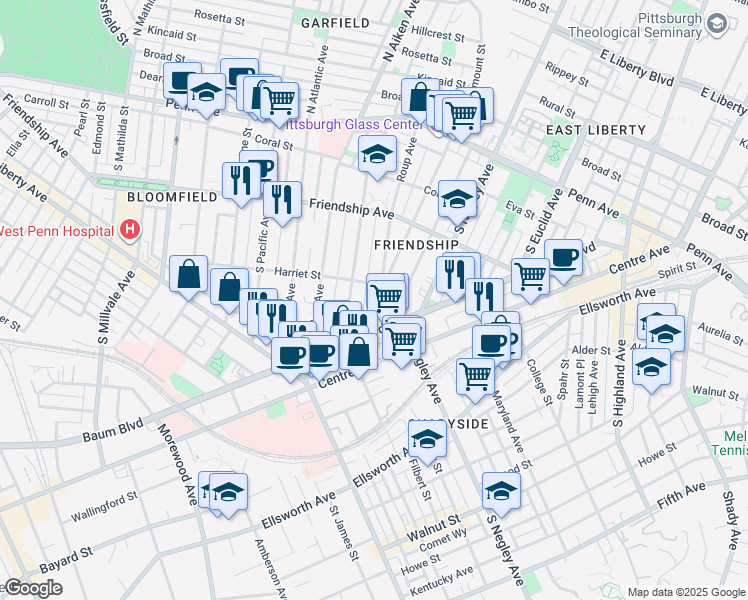 map of restaurants, bars, coffee shops, grocery stores, and more near 373 South Graham Street in Pittsburgh