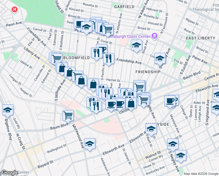 map of restaurants, bars, coffee shops, grocery stores, and more near 402 South Atlantic Avenue in Pittsburgh