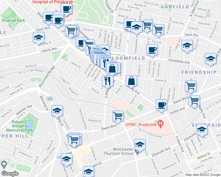 map of restaurants, bars, coffee shops, grocery stores, and more near in Pittsburgh