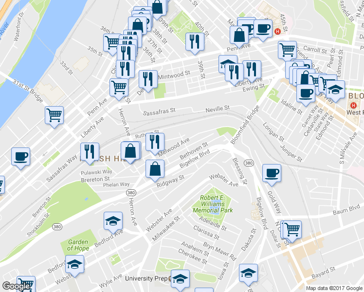 map of restaurants, bars, coffee shops, grocery stores, and more near 3443 Flavian Street in Pittsburgh