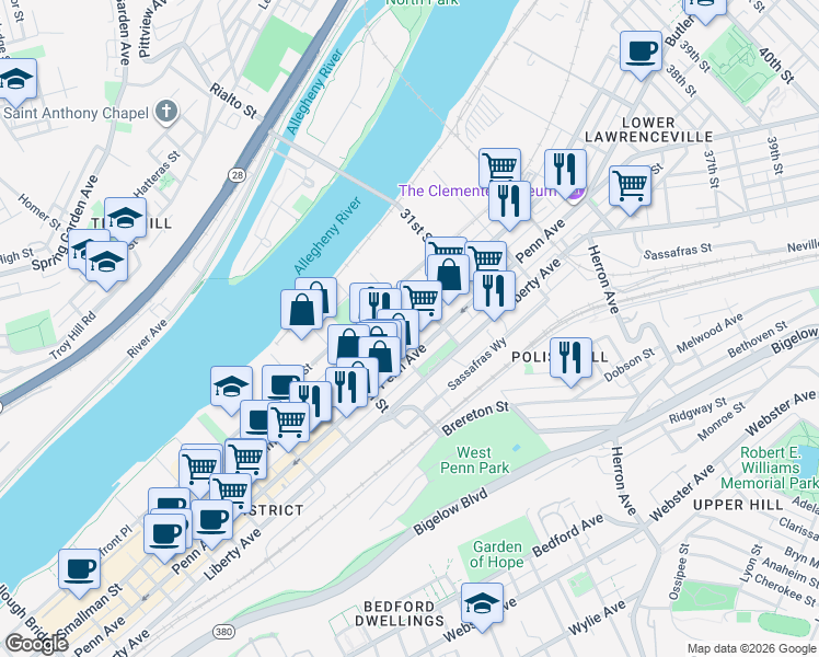 map of restaurants, bars, coffee shops, grocery stores, and more near 2943 Smallman Street in Pittsburgh