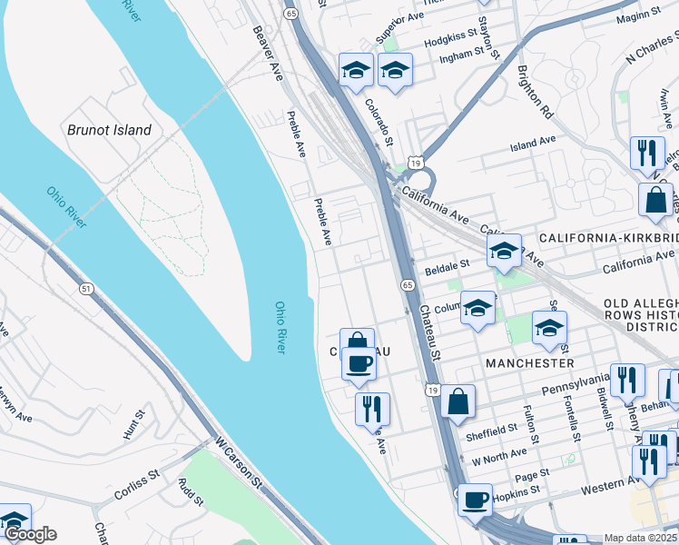 map of restaurants, bars, coffee shops, grocery stores, and more near 2001 Preble Ave in Pittsburgh