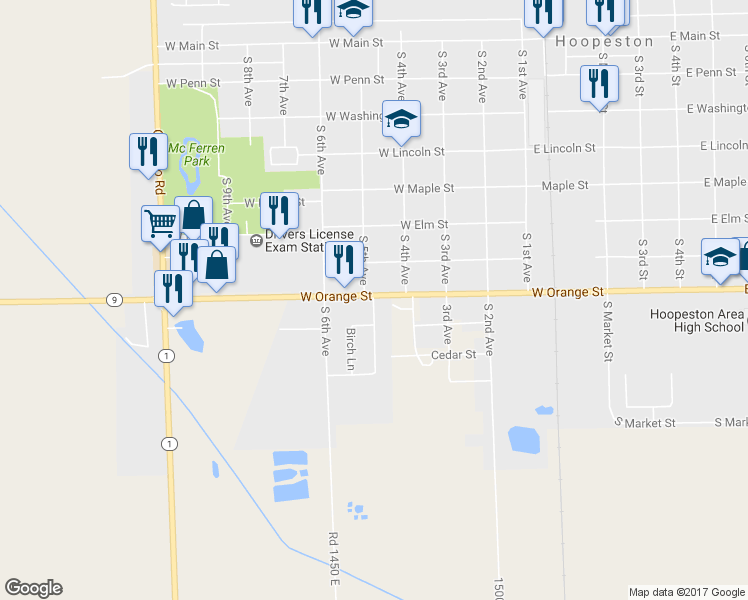 map of restaurants, bars, coffee shops, grocery stores, and more near 914 South 5th Avenue in Hoopeston