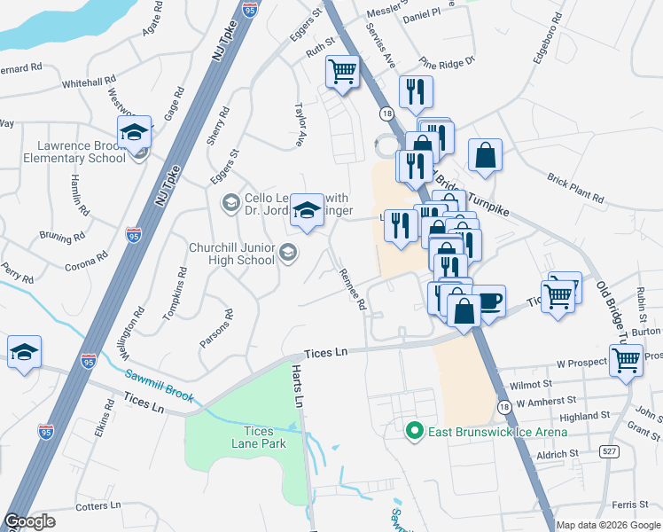 map of restaurants, bars, coffee shops, grocery stores, and more near 14 Lake Avenue in East Brunswick