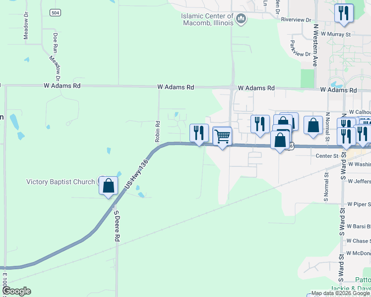 map of restaurants, bars, coffee shops, grocery stores, and more near 101 Reeveston Drive in Macomb