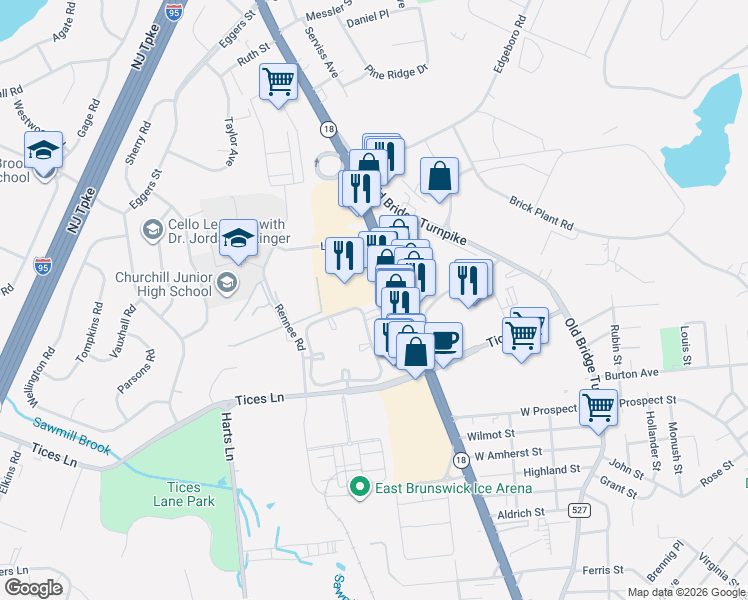 map of restaurants, bars, coffee shops, grocery stores, and more near 435 Meade Court in East Brunswick