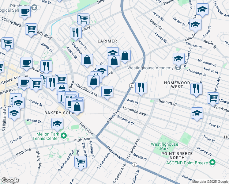 map of restaurants, bars, coffee shops, grocery stores, and more near 117 Finley Street in Pittsburgh