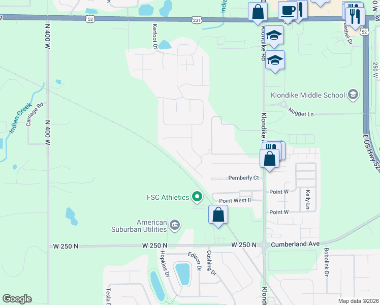 map of restaurants, bars, coffee shops, grocery stores, and more near 2865 Biscayne Court in West Lafayette