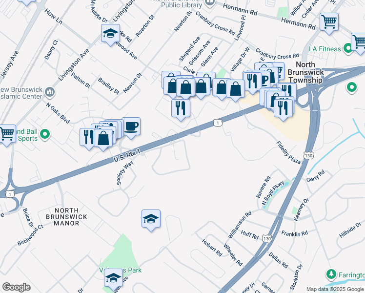 map of restaurants, bars, coffee shops, grocery stores, and more near 373 Constitution Circle in North Brunswick Township