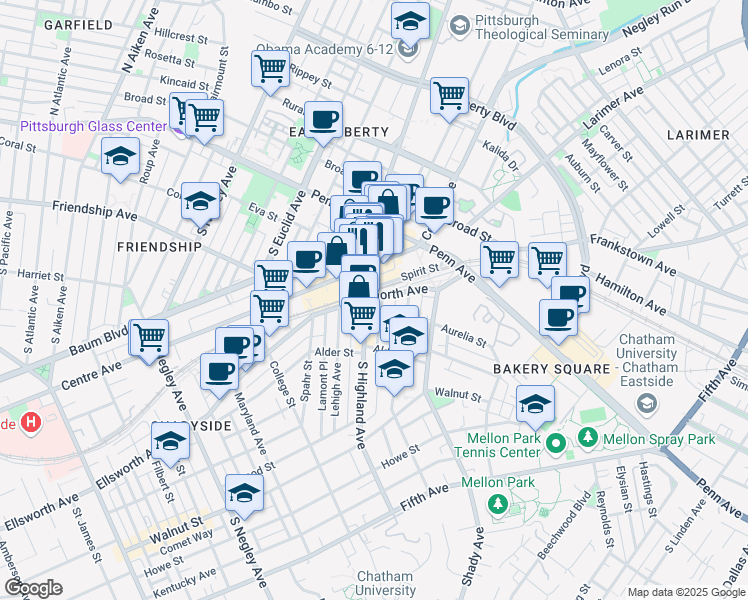 map of restaurants, bars, coffee shops, grocery stores, and more near 6015 Spirit Street in Pittsburgh