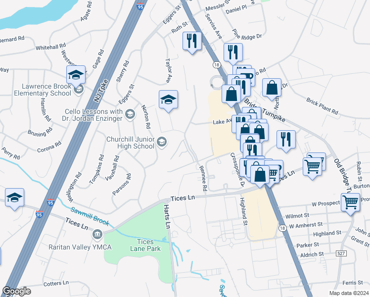 map of restaurants, bars, coffee shops, grocery stores, and more near 14 Lake Avenue in East Brunswick