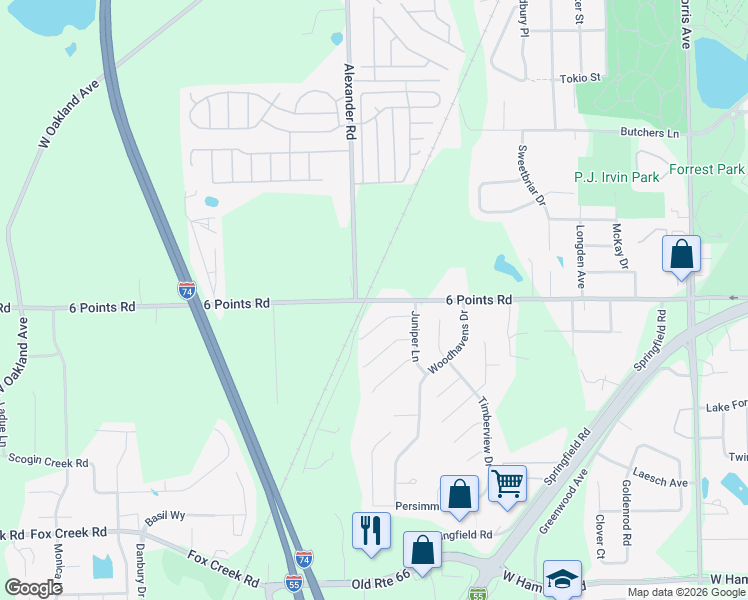 map of restaurants, bars, coffee shops, grocery stores, and more near 1545 6 Points Road in Bloomington