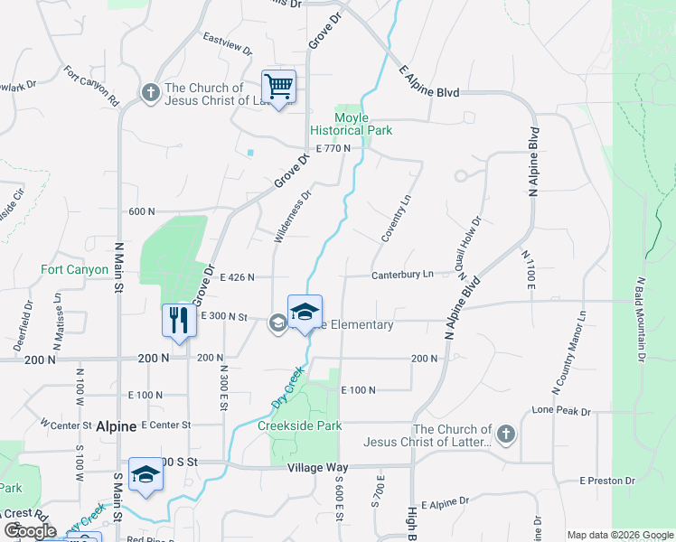 map of restaurants, bars, coffee shops, grocery stores, and more near 441 Bristol Court in Alpine