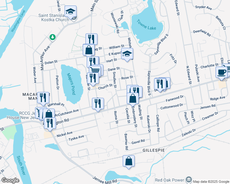 map of restaurants, bars, coffee shops, grocery stores, and more near 38 Smullen Street in Sayreville