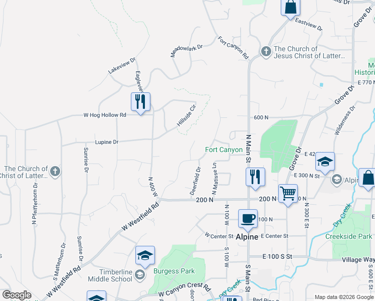 map of restaurants, bars, coffee shops, grocery stores, and more near 550 Hillside Circle in Alpine
