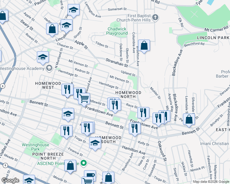 map of restaurants, bars, coffee shops, grocery stores, and more near 7335 Hermitage Street in Pittsburgh