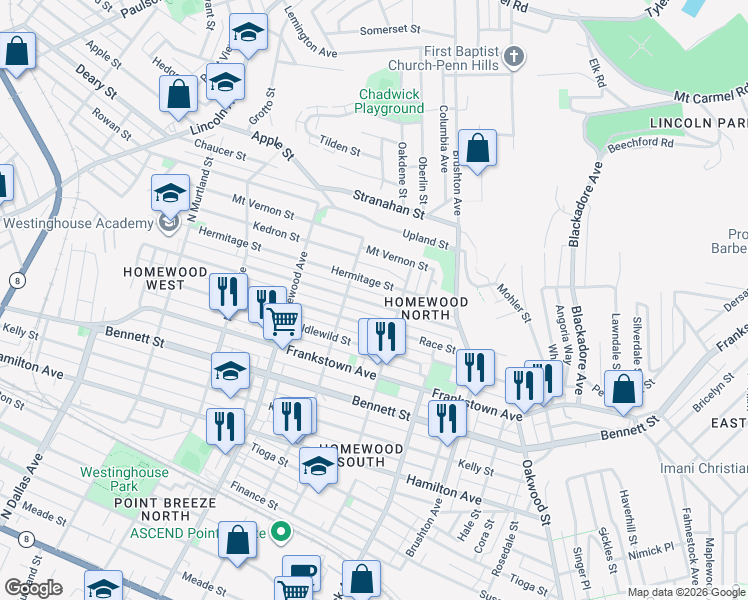 map of restaurants, bars, coffee shops, grocery stores, and more near 7335 Hermitage Street in Pittsburgh