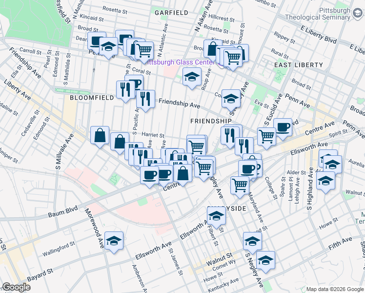 map of restaurants, bars, coffee shops, grocery stores, and more near 373 South Graham Street in Pittsburgh