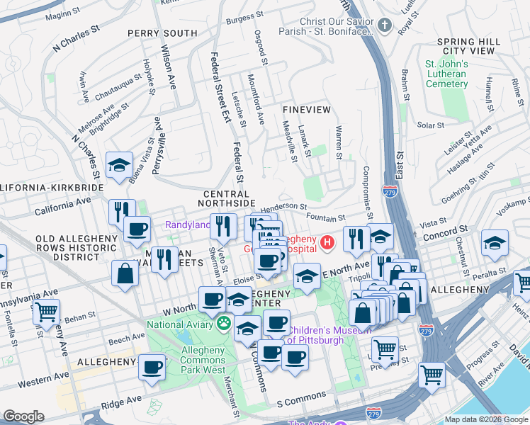 map of restaurants, bars, coffee shops, grocery stores, and more near in Pittsburgh
