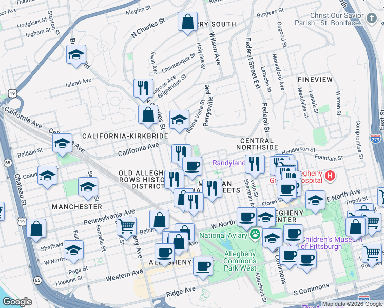 map of restaurants, bars, coffee shops, grocery stores, and more near 606 Rednap Street in Pittsburgh