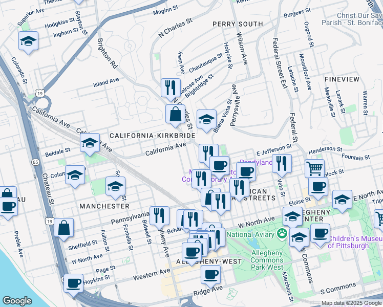 map of restaurants, bars, coffee shops, grocery stores, and more near in Pittsburgh